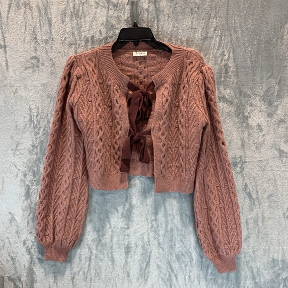 Storia Sweaters - Storia‎ Women's Cardigan Sweater M Cable Knit Bow Tie Front Cropped Pink Puff